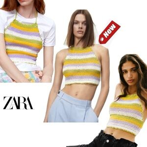 Zara crochet knit striped open back strappy halter crop top NWT festival beach